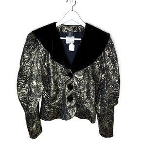 Vintage 80s Black & Gold Metallic Brocade Puff Sleeved Velvet-Trim Blazer